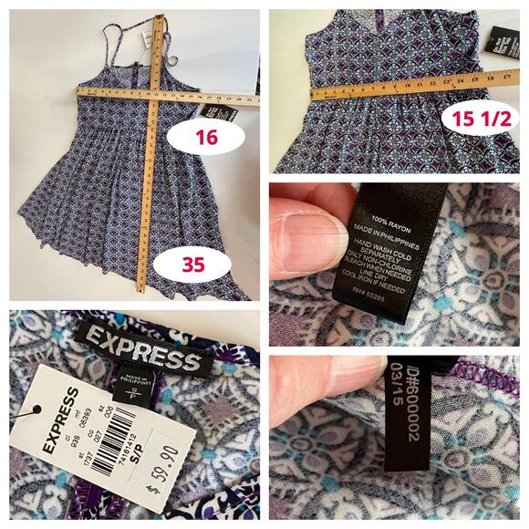 Express Dress NEW Womens Sz S Purple Multicolor Spaghetti Strap Gathered Waist - Picture 7 of 7